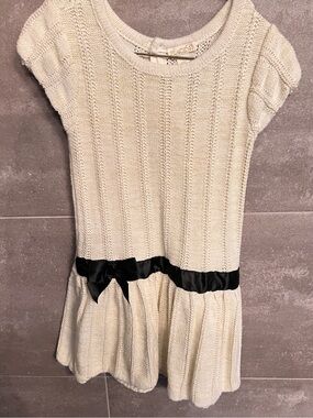 Girls Cream Knit Dress with Gold Threading and Black Bow